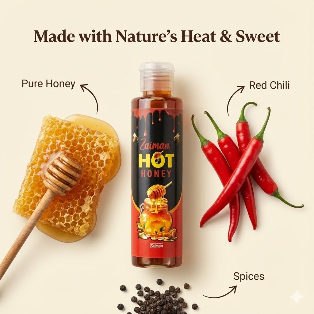 Zaiman Hot Honey sweet and spicy honey infused with chili peppers, ideal for gourmet cooking and bold flavors.