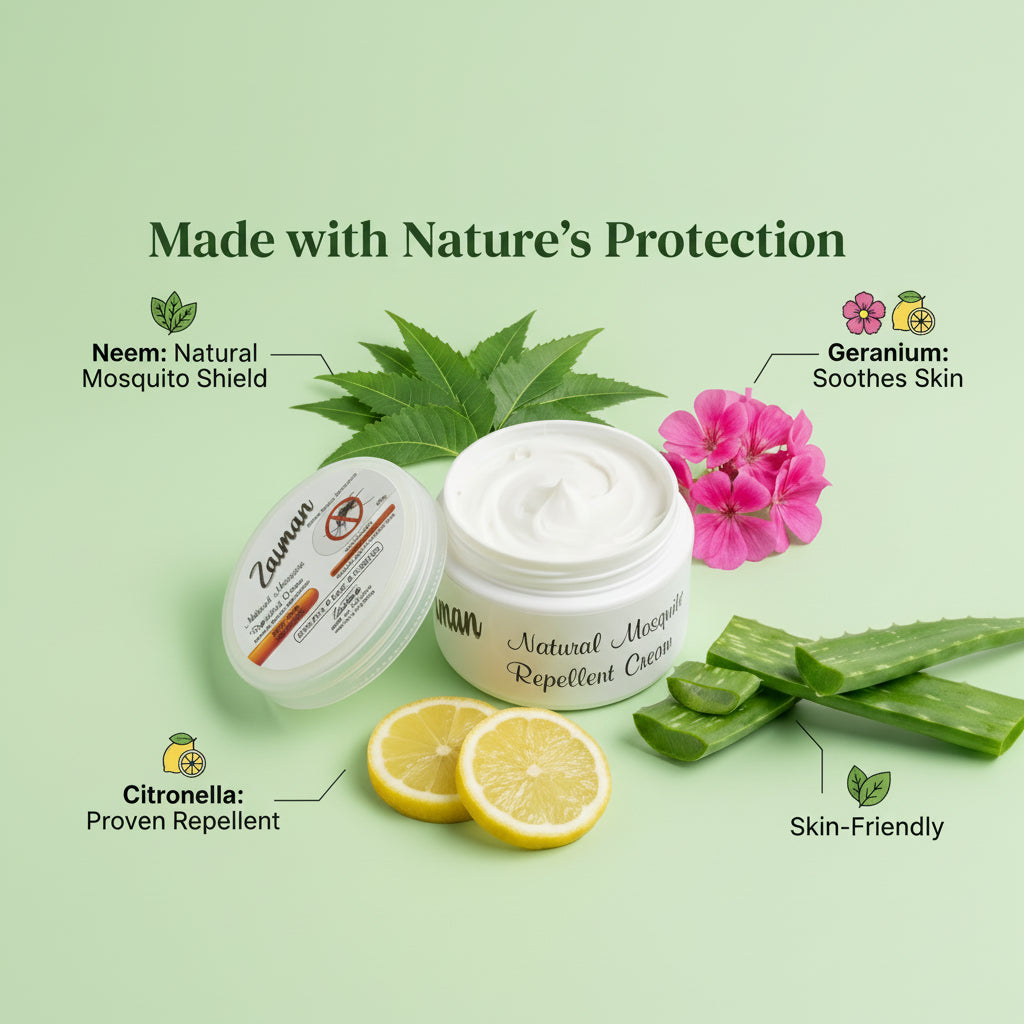 Zaiman natural mosquito repellent cream with ingredients like neem, geranium, citronella, and aloe vera on a green background.