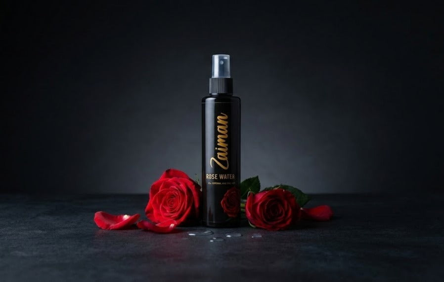 Black spray bottle with gold text on a dark surface with red roses.