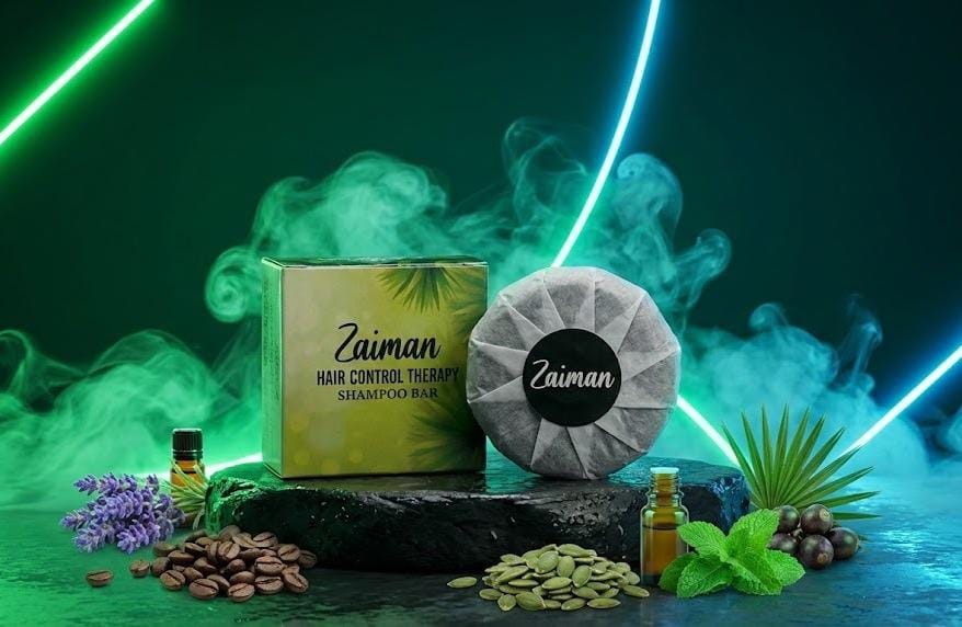 Zaiman hair care products with green smoke effects on a dark background