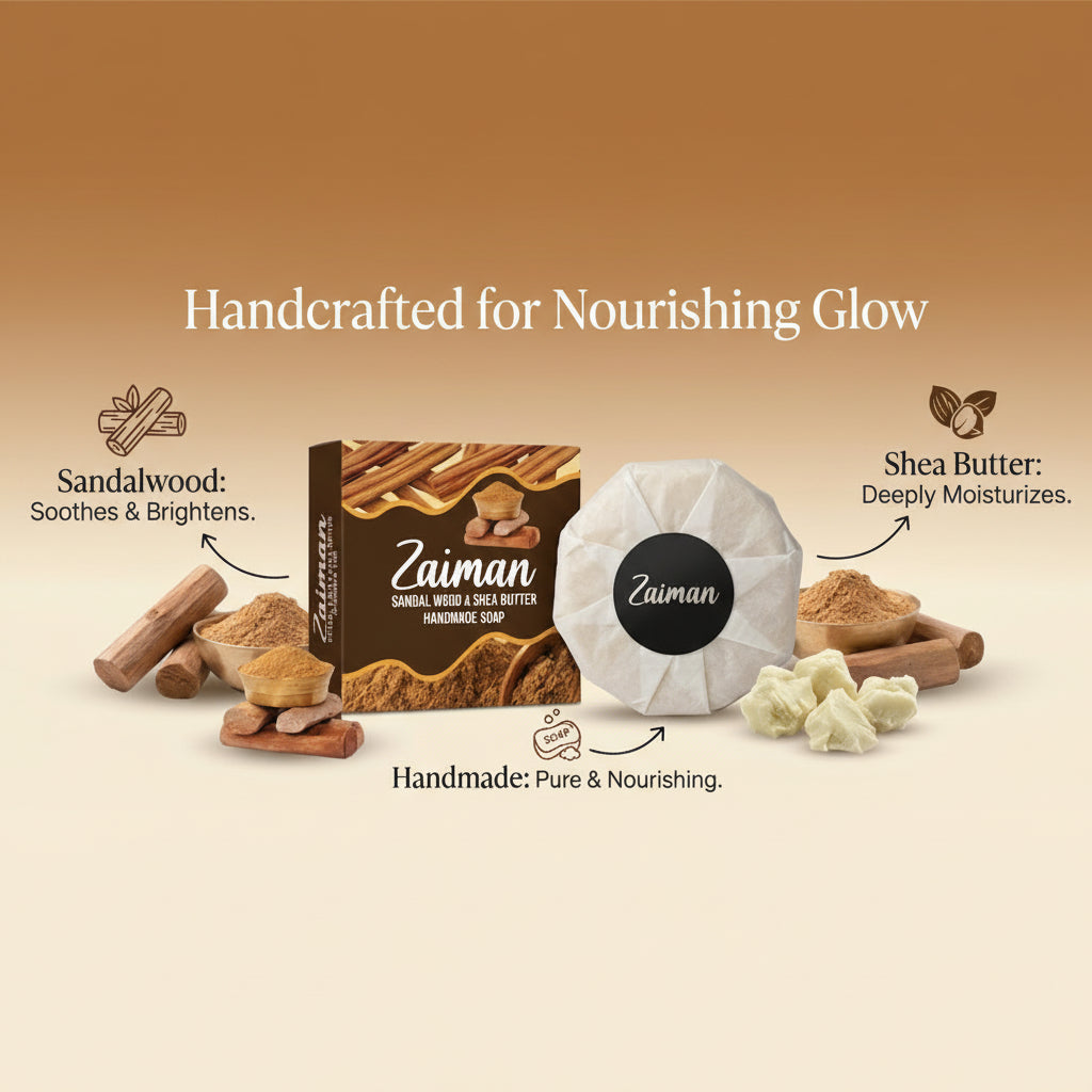 Zaiman sandalwood and shea butter products with ingredients on a beige background