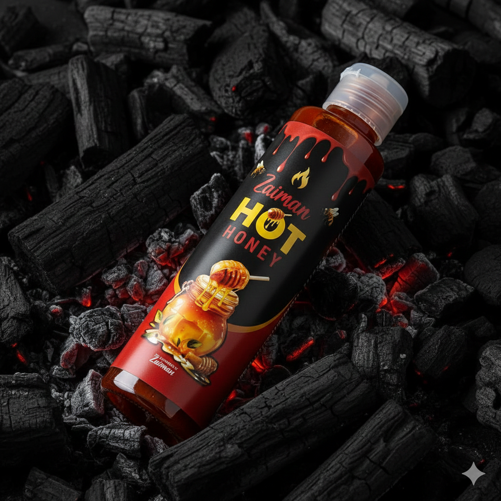 Jar of Zaiman Hot Honey, combining golden honey with chili heat, perfect for pizzas, cheese boards, desserts, and cocktails.