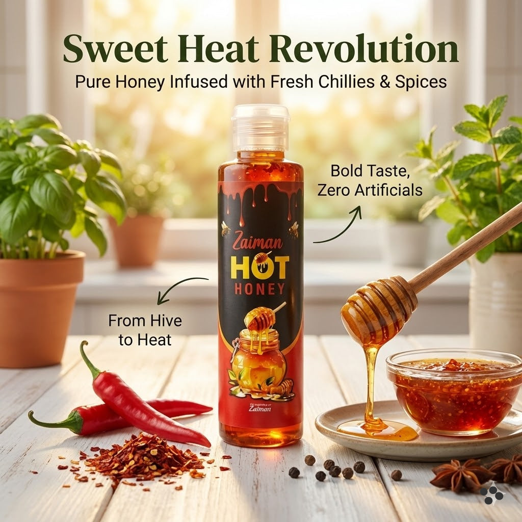 Zaiman Hot Honey made with pure golden honey and fiery chili peppers, blending sweet and spicy flavors for bold gourmet dishes.