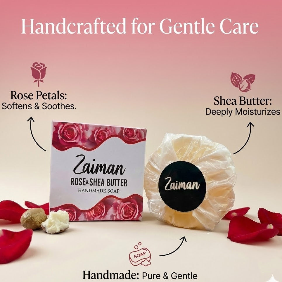 Zaiman Rose & Shea Butter handmade soap with packaging on a pink background